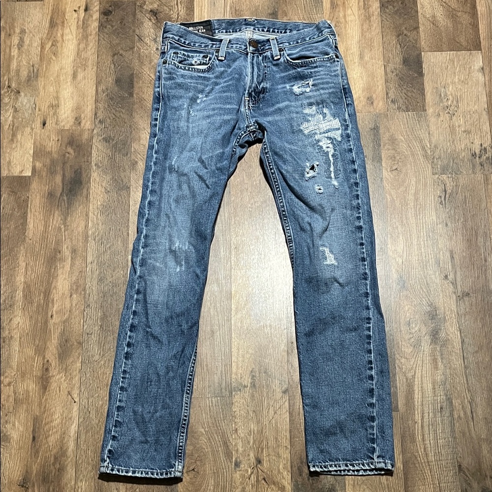 Hollister Men's Slim Straight Distressed Blue Jeans